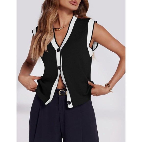 Merokeety Womens V Neck Sweater Vest Button Down Cap Sleeve Black & Beige Large - Picture 4 of 6
